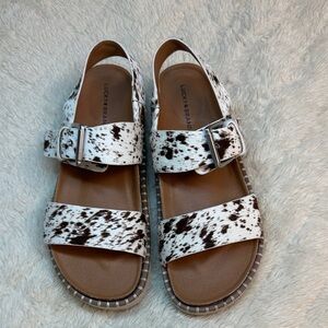 Lucky Brand Brown and White Cow Print Sandals
